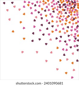Bright hearts confetti corner frame on white background. Valentine's Day. Banner template. Space for text. illustration.
