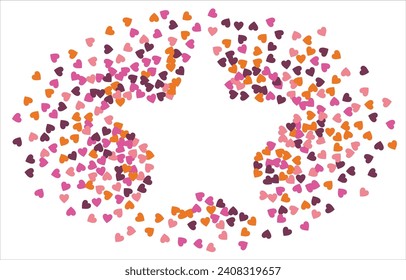 Bright hearts confetti corner frame on white background. Valentine's Day. Banner template. Space for text. Vector illustration.