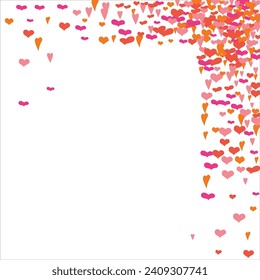 Bright hearts confetti corner frame on white background. Valentine's Day. Banner template. Space for text. illustration.