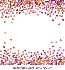 Bright hearts confetti corner frame on white background. Valentine's Day. Banner template. Space for text. illustration.