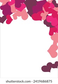 Bright hearts confetti corner frame on white background. Valentine's Day. Banner template. Space for text. illustration.