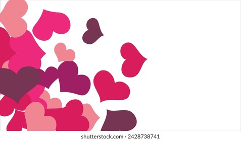 Bright hearts confetti corner frame on white background. Valentine's Day. Banner template. Space for text. illustration.