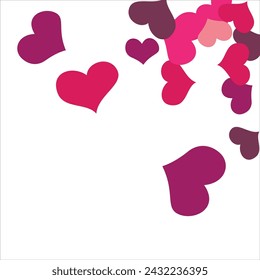 Bright hearts confetti corner frame on white background. Valentine's Day. Banner template. Space for text. illustration.