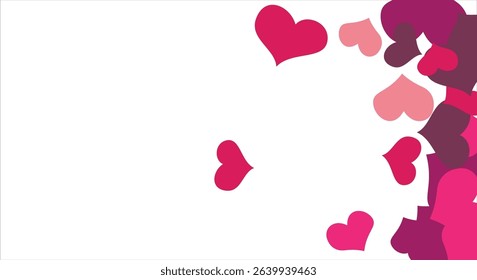 Bright hearts confetti corner frame on white background. Valentine's Day. Banner template. Space for text. illustration.
