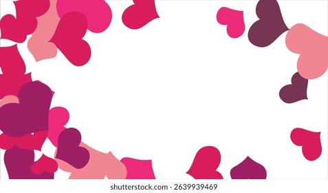 Bright hearts confetti corner frame on white background. Valentine's Day. Banner template. Space for text. illustration.