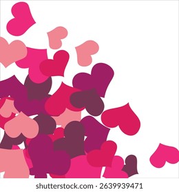 Bright hearts confetti corner frame on white background. Valentine's Day. Banner template. Space for text. illustration.