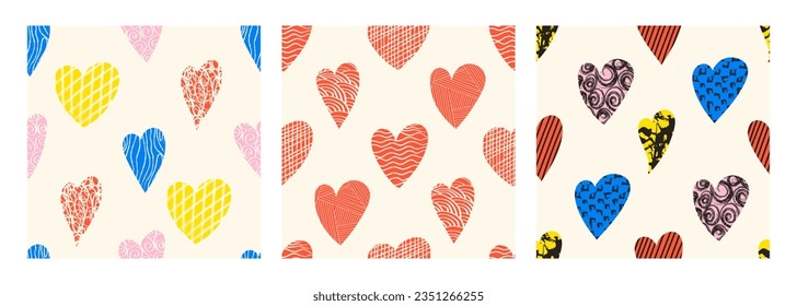 Bright hearts with loop, drops, spots, curves, lines and waves seamless pattern. Hand drawn doodle elements. Vector illustration with wavy and spiral elements.