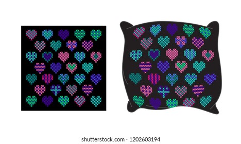 Bright hearts set on the black made in vector. Home cross stitch decoration. Easy to use for pillow, poster.