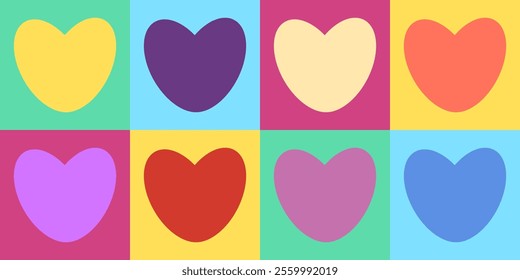 Bright hearts in squares. Bright banner in the style of the 80s for Valentine's Day