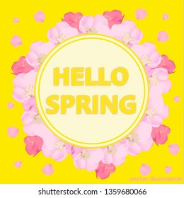 Bright hello spring background. Background with beautiful colorful flowers. Vector illustration with yellow background.