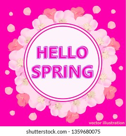 Bright hello spring background. Background with beautiful colorful flowers. Vector illustration with pink background.