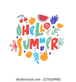 Bright hello summer lettering with playful fruits and floral decorative elements that create a joyful seasonal vibe.