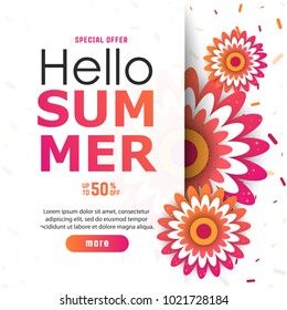 Bright Hello summer text poster with color flowers in style paper cut. Trendy Design Template. 50 discount. 