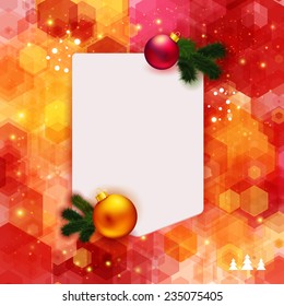 Bright hexagon background with place for your text and Christmas decoration. Vector image.