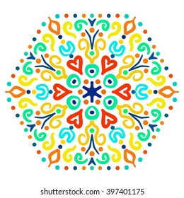 Bright Hexagon Ornament from colorful elements. Abstract flower motif. Vibrant colors in vector ornament. Bright decorative element for your design.