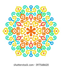 Bright Hexagon Ornament from colorful elements. Abstract flower motif. Vibrant colors in vector ornament. Bright decorative element for your design.