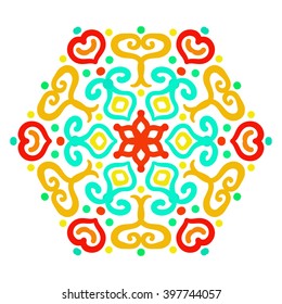 Bright Hexagon Ornament from colorful elements. Abstract flower motif. Vibrant colors in vector ornament. Bright decorative element for your design.
