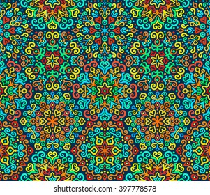 Bright Hexagon Ornament from colorful elements. Abstract flower motif. Vibrant colors in vector ornament. Bright decorative seamless pattern for your design.