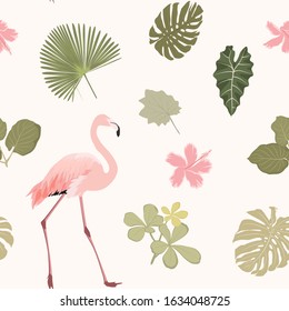 Bright hibiscus flowers, exotic pink flamingo bird, tropical rainforest jungle tree palm mostera green leaves. Seamless pattern on beige background. Vector design illustration.