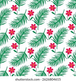 Bright hibiscus flowers with palm branches seamless pattern. Summer bright nature background. Exotic tropical floral print, vector graphic
