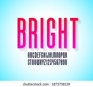 Bright high font, condensed tall alphabet, trendy uppercase Latin letters from A to Z and Arab numbers from 0 to 9, vector illustration 10EPS