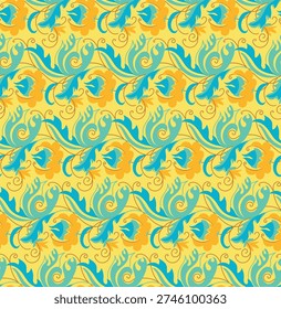 Bright high-contrast seamless vector pattern featuring floral and botanical elements. Bold and dynamic design with vibrant colors, perfect for textiles, wallpapers, packaging, backgrounds, and surface pattern projects. Ideal for modern decorative and creative applications