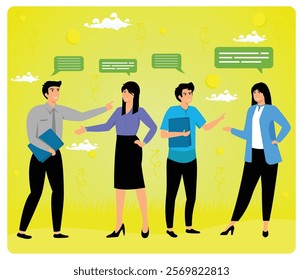 Bright highlighting teamwork and effective communication among diverse team members in an office setting. Flat vector modern illustration 