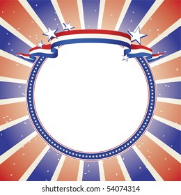 Bright highly detailed layout with three dimensional banner, stars, and circular copy space. Background contains white confetti for added detail