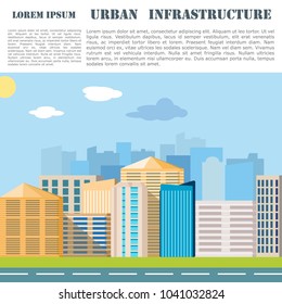 Bright high-rise buildings. Poster and banner with city background. Modern city. Street in the background of skyscrapers. Vector illustration

