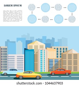 Bright high-rise buildings. Poster and banner with city background. Modern city. Street in the background of skyscrapers. Vector illustration

