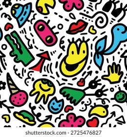 Bright hipster art sem emenda padrão, padrão moderno, arte de rabiscar, padrão de rabiscar. Padrão engraçado para crianças e adolescentes
