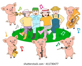 A bright hog raising farmhouse. The family of the farmhouse dances by the performance of the piglet.