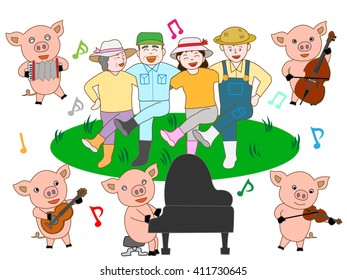 A bright hog raising farmhouse. The family of the farmhouse dances by the performance of the piglet.