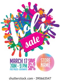 Bright Holi sale splatter marketing template design. EPS 10 vector.