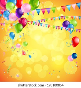 Bright holiday background with balloons, flag and confetti. Place for text.