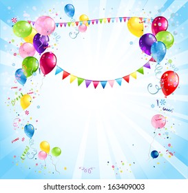 Bright holiday background with balloons and flags. Place for text.