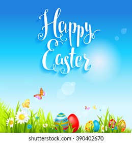 Bright holiday background with flowers and eggs. Background for design card, banner,ticket, leaflet and so on.Template page with handwritten inscription Happy Easter. Holiday card. Place for text.