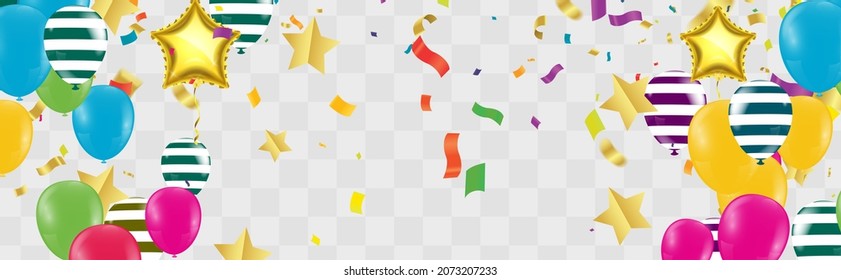 Bright holiday background with variety of colors balloons, flag and confetti. Place for text. Raster version.