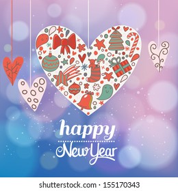 Bright holiday background in vector. Romantic Christmas and New Year card with heart made of gifts, candy, bell, bow, stars and other holiday elements