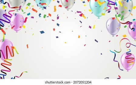 Bright holiday background with .white balloons, flag and confetti. Place for text. Raster version.