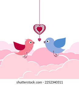 Bright holiday card, with the image of the sky, decorative clouds of cute cartoon love birds