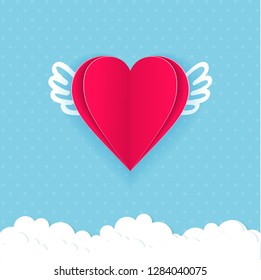 Bright holiday card for Valentine's Day. Paper heart with hand drawing wings flies in the sky. Vector 

illustration.