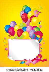 Bright Holiday composition of balloons, gift boxes, confetti,, sweets, serpentine, and a sheet of paper for your text congratulations
