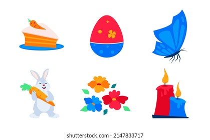 Heller Osterurlaub - flache Designsymbole gesetzt. Hochwertige, bunte Bilder von Kaninchen mit Karotten, Kuchen, gemalten Ei, Schmetterling, Blume, brennenden Kerzen. Frühling und christliche Feiertage