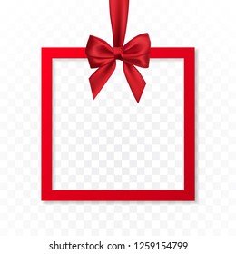 Bright holiday gift box frame banner hanging with red ribbon and silky bow on transparent background. Vector illustration.