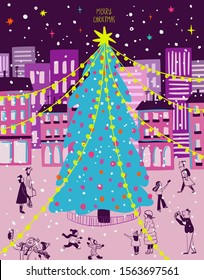 Bright holiday greeting card with urban city scene - giant Christmas tree with illumination and happy people around.