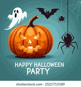 Bright holiday illustration with pumpkin, ghost, bat and spider. The perfect image to get you into the festive mood for Halloween.