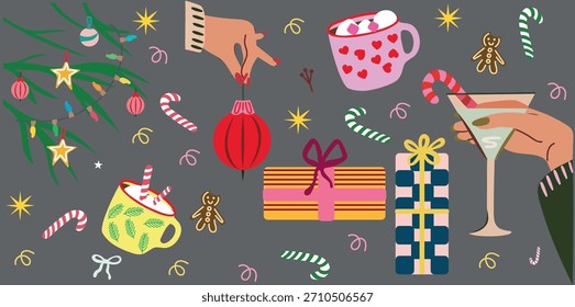 A bright holiday illustration set featuring a decorated Christmas tree, festive mugs, candles, stockings, long wrapped gifts, candy canes, and winter greenery. Ideal for holiday stationery