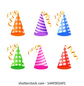 Bright holiday party caps. Birthday, Christmas cone paper hats. Vector design element set.