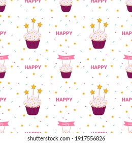 Bright holiday pattern with cakes, stars and other design elements on white background. Cute princess party print with delicious dessert. Suitable for textiles, wrapping paper, postcards. No diet day